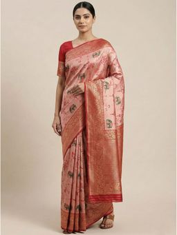 Anjaneya Sarees - Peach Banarasi Silk Woven Saree with Unstitched Blouse