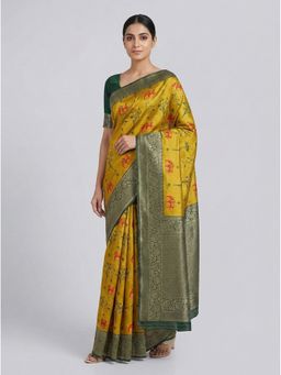 Anjaneya Sarees - Yellow Banarasi Silk Woven Saree with Unstitched Blouse
