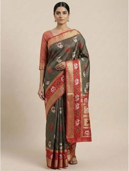 Anjaneya Sarees - Black Banarasi Silk Checks Saree with Unstitched Blouse