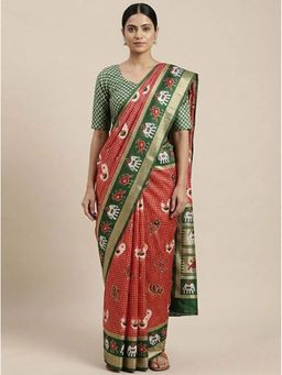 Anjaneya Sarees - Red Banarasi Silk Checks Saree with Unstitched Blouse