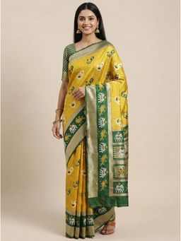 Anjaneya Sarees - Yellow Banarasi Silk Checks Saree with Unstitched Blouse