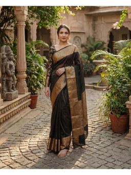 Anjaneya Sarees - Black Banarasi Silk Woven Zari Saree with Unstitched Blouse