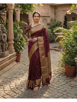 Anjaneya Sarees - Maroon Banarasi Silk Woven Saree with Unstitched Blouse