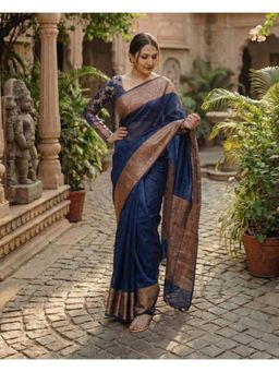Anjaneya Sarees - Navy Blue Banarasi Silk Woven Saree with Unstitched Blouse