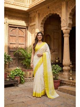Anjaneya Sarees - White Cotton Silk Geometric Saree with Unstitched Blouse
