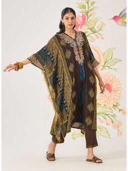 Lakshita - Viscose Brown Embroidered Kaftan with Pant