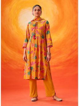 Lakshita - Chanderi Mustard Floral Kurta with Pant and Dupatta