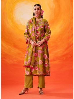 Lakshita - Chanderi Olive Floral Kurta with Pant and Dupatta