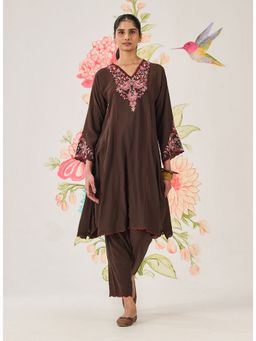 Lakshita - Nylon Brown Embroidered Kurta with Pant
