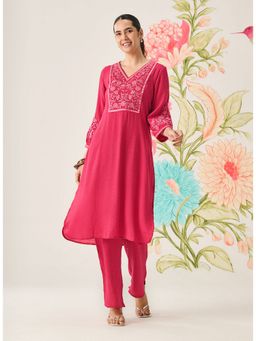 Lakshita - Nylon Red Embroidered Kurta with Pant