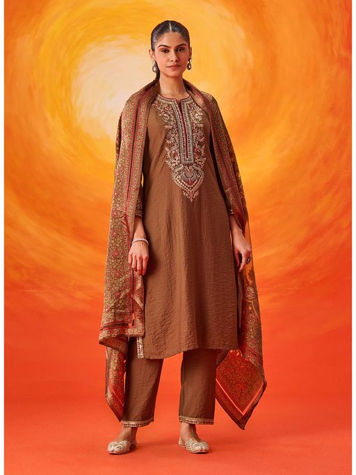 Lakshita Nylon Brown Embroidered Kurta with Pant and Dupatta
