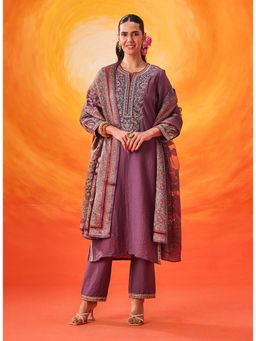 Lakshita - Nylon Lavender Embroidered Kurta with Pant and Dupatta