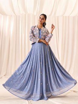 MADHURAM - Blue Beautiful Embroidered Lehenga and Choli with Koti Jacket