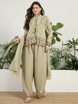 Miss Ethnik - Georgette Green Embroidered Top with Palazzo and Dupatta with Jacket