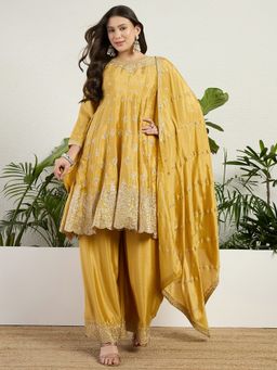 Miss Ethnik - Chinon Yellow Embroidered Kurta with Palazzo and Dupatta