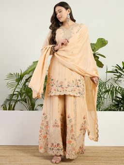 Miss Ethnik - Chinon Cream Embroidered Kurta with Palazzo and Dupatta