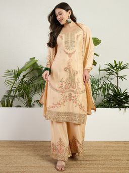 Miss Ethnik - Chinon Cream Embroidered Kurta with Palazzo and Dupatta
