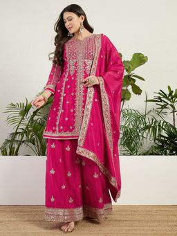 Miss Ethnik - Chinon Pink Embroidered Kurta with Palazzo and Dupatta