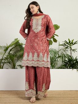 Miss Ethnik - Chinon Rust Embroidered Kurta with Palazzo and Dupatta