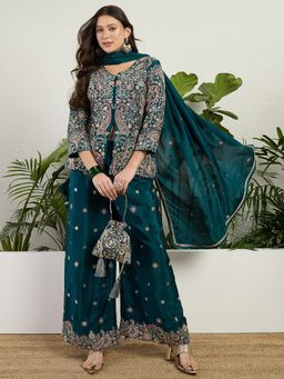 Miss Ethnik - Chinon Teal Embroidered Top with Palazzo and Dupatta