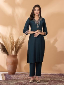 Nayam by lakshita - Viscose Rayon Teal Embroidered Kurta with Pant