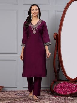 Nayam by lakshita - Viscose Rayon Wine Embroidered Kurta with Pant