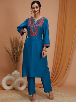 Nayam by lakshita - Silk Teal Embroidered Kurta with Pant