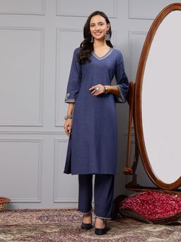 Nayam by lakshita - Linen Blue Embroidered Kurta with Pant