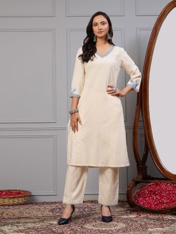 Nayam by lakshita - Linen Off White Embroidered Kurta with Pant
