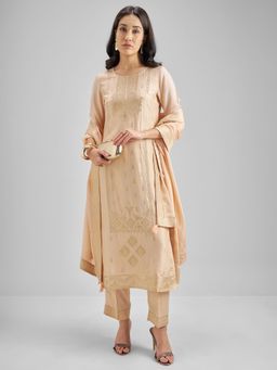 VISHUDH - Viscose Cream Embroidered Kurta with Pant and Dupatta