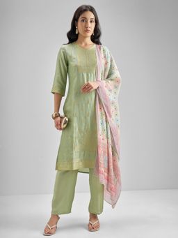 VISHUDH - Viscose Green Embroidered Kurta with Pant and Dupatta