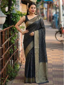Anjaneya Sarees - Black Banarasi Silk Woven Zari Saree with Unstitched Blouse