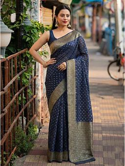 Anjaneya Sarees - Navy Blue Banarasi Silk Woven Zari Saree with Unstitched Blouse
