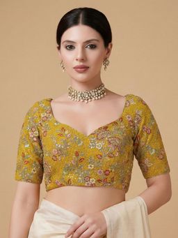 SALWAR STUDIO - Yellow Embellished Sweetheart Neck Readymade Blouse
