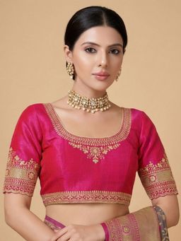 SALWAR STUDIO - Pink Embroidered Round Neck Readymade Blouse