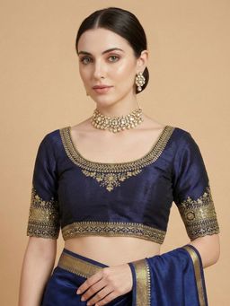 SALWAR STUDIO - Navy Blue Embroidered Round Neck Readymade Blouse
