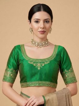 SALWAR STUDIO - Green Embroidered Round Neck Readymade Blouse