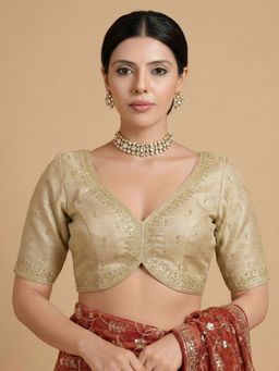 SALWAR STUDIO - Gold Embroidered V-Neck Readymade Blouse