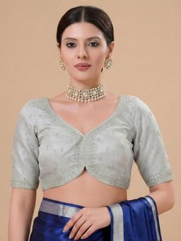 SALWAR STUDIO - Silver Embroidered V-Neck Readymade Blouse