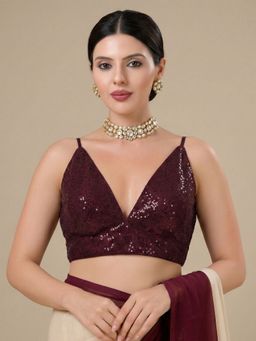 SALWAR STUDIO - Maroon V-Neck Embellished Sleeveless Readymade Blouse