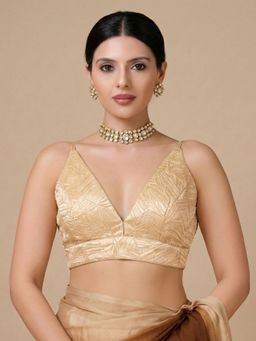SALWAR STUDIO - Gold V-Neck Textured Sleeveless Readymade Blouse