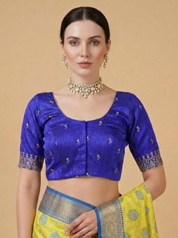 SALWAR STUDIO - Blue Embroidered Round Neck Saree Blouse