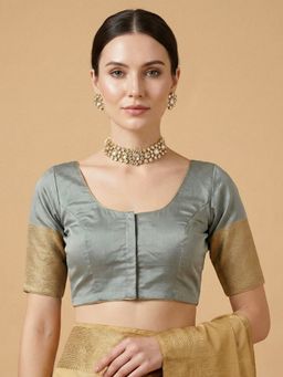 SALWAR STUDIO - Grey Woven Designed Silk Round Neck Saree Blouse