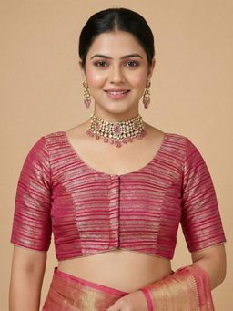 SALWAR STUDIO - Pink Woven Design Round Neck Saree Blouse