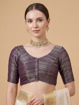 SALWAR STUDIO - Navy Blue Woven Design Round Neck Saree Blouse