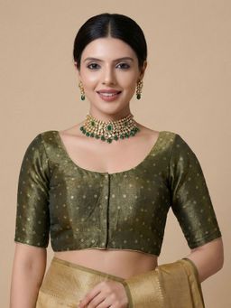 SALWAR STUDIO - Olive Woven Design Round Neck Saree Blouse