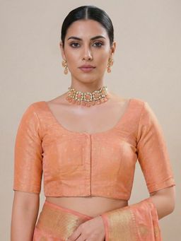 SALWAR STUDIO - Peach Woven Design Round Neck Saree Blouse
