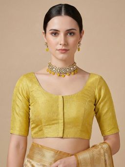 SALWAR STUDIO - Yellow Woven Design Round Neck Saree Blouse