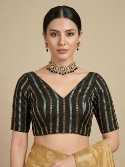 SALWAR STUDIO - Black Woven Designed Cotton V Neck Readymade Saree Blouse