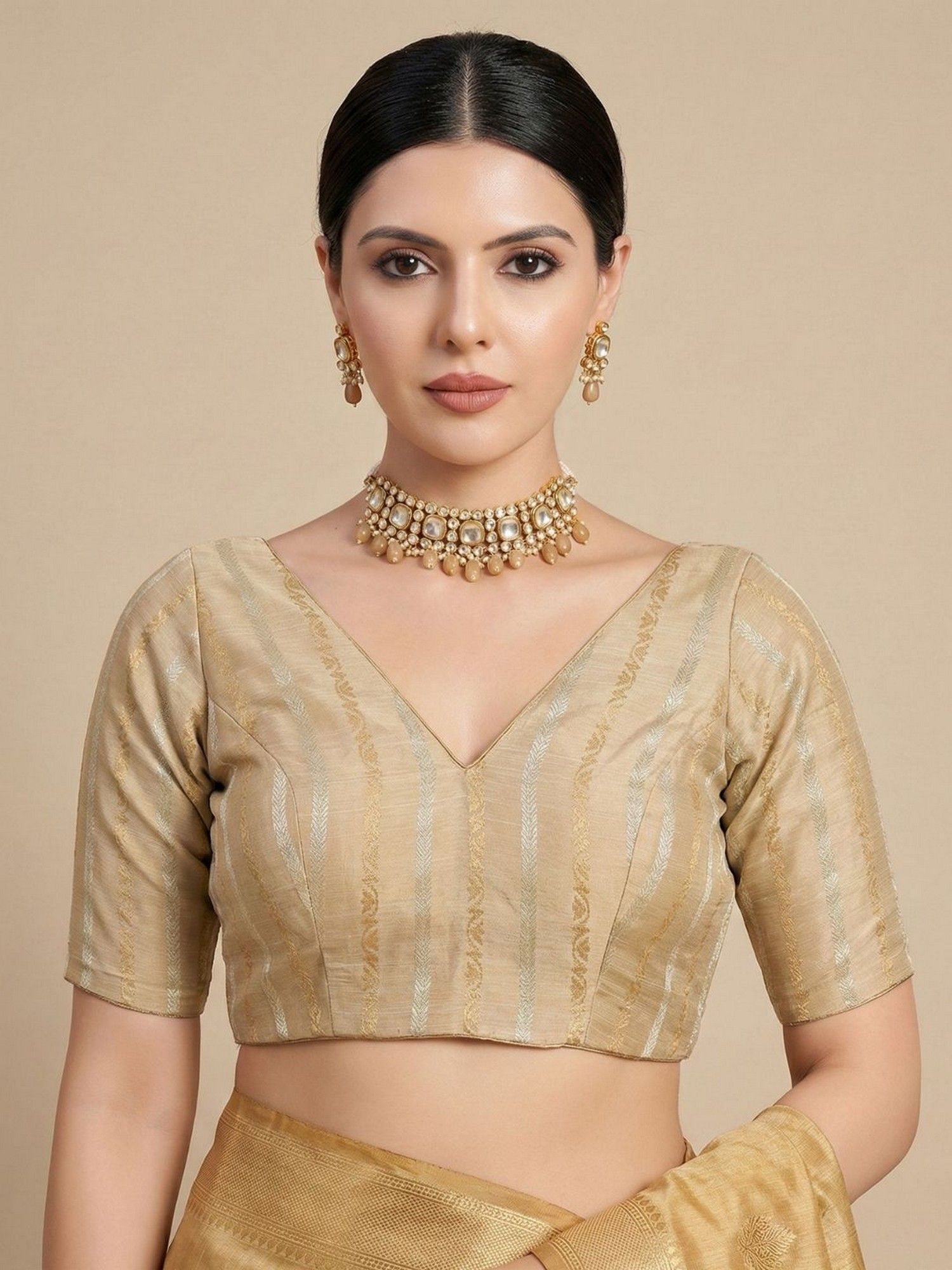 salwar studio Gold Woven Designed Cotton V Neck Readymade Saree Blouse-picture-25